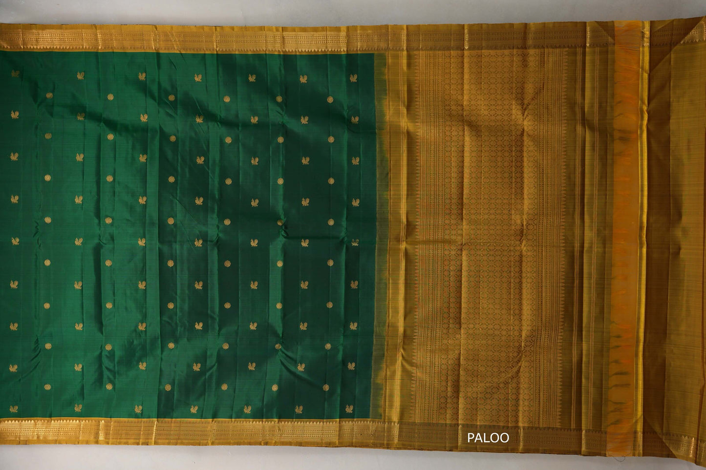 Deep green with Golden Mustard borders Vintage Kanjivaram Silk Saree paloo