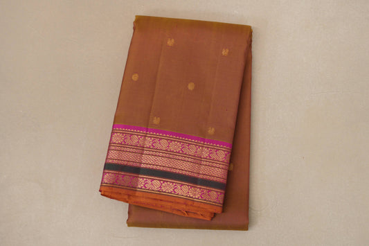 folded Dual Tone Olive Green and Pink with Multi Color Borders Vintage Kanjivaram Silk Saree