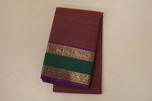folded Dual Tone Rust and Purple with Deep Purple Rettai Pettu Borders Vintage Kanjivaram Silk Saree