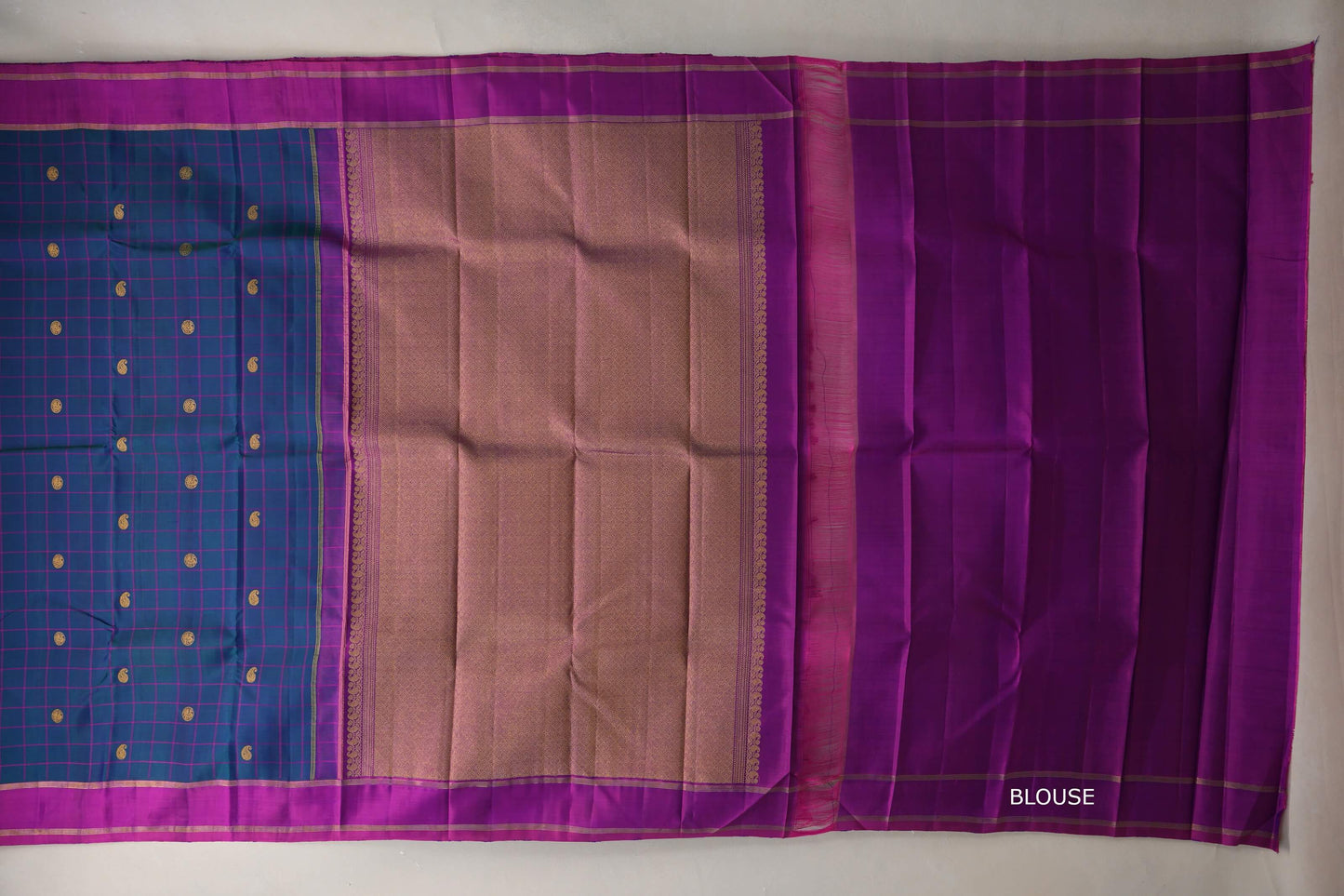 Peacock blue with Dual Tone of Magenta & Blue borders Vintage Kanjivaram Silk Saree  blouse