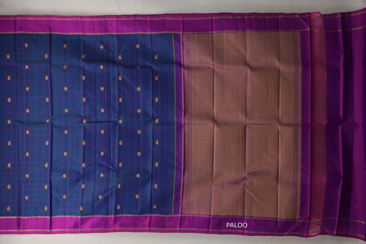 Peacock blue with Dual Tone of Magenta & Blue borders Vintage Kanjivaram Silk Saree  paloo