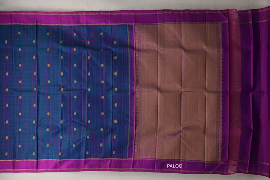Peacock blue with Dual Tone of Magenta & Blue borders Vintage Kanjivaram Silk Saree  paloo