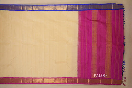 Off White Vintage Kanjivaram Silk Saree pink paloo