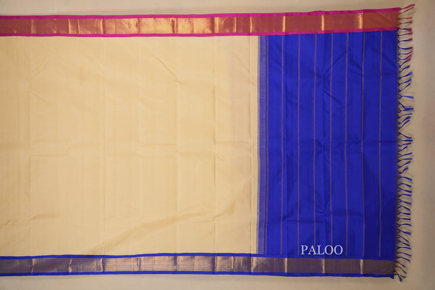 Off White Vintage Kanjivaram Silk Saree violet paloo