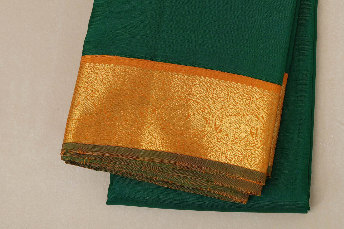 Dark Green with Mustard Orange Borders Vintage Kanjivaram Silk Saree SS8746