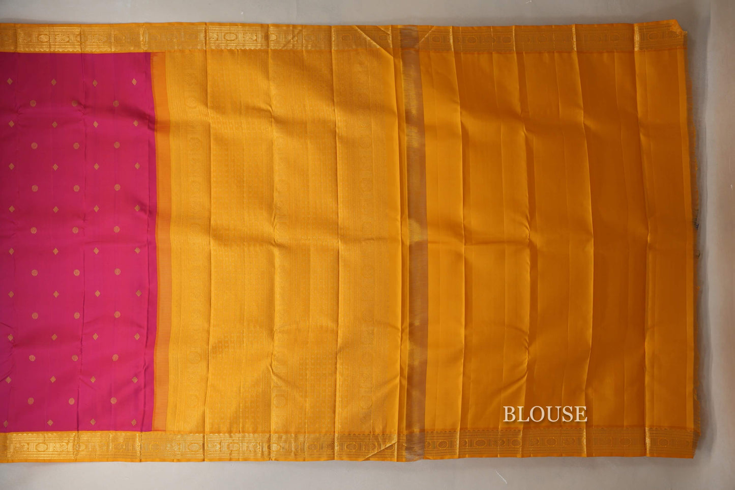 Bright Pink with Mustard Yellow Borders Vintage Kanjivaram Silk Saree blouse