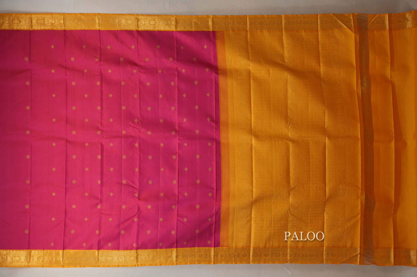 Bright Pink with Mustard Yellow Borders Vintage Kanjivaram Silk Saree paloo