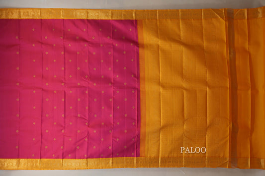 Bright Pink with Mustard Yellow Borders Vintage Kanjivaram Silk Saree paloo