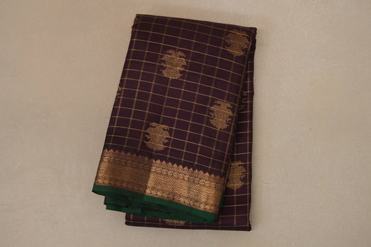 folded Deep Plum Brown with Green Selvedge Heirloom Kanjivaram Silk Saree 