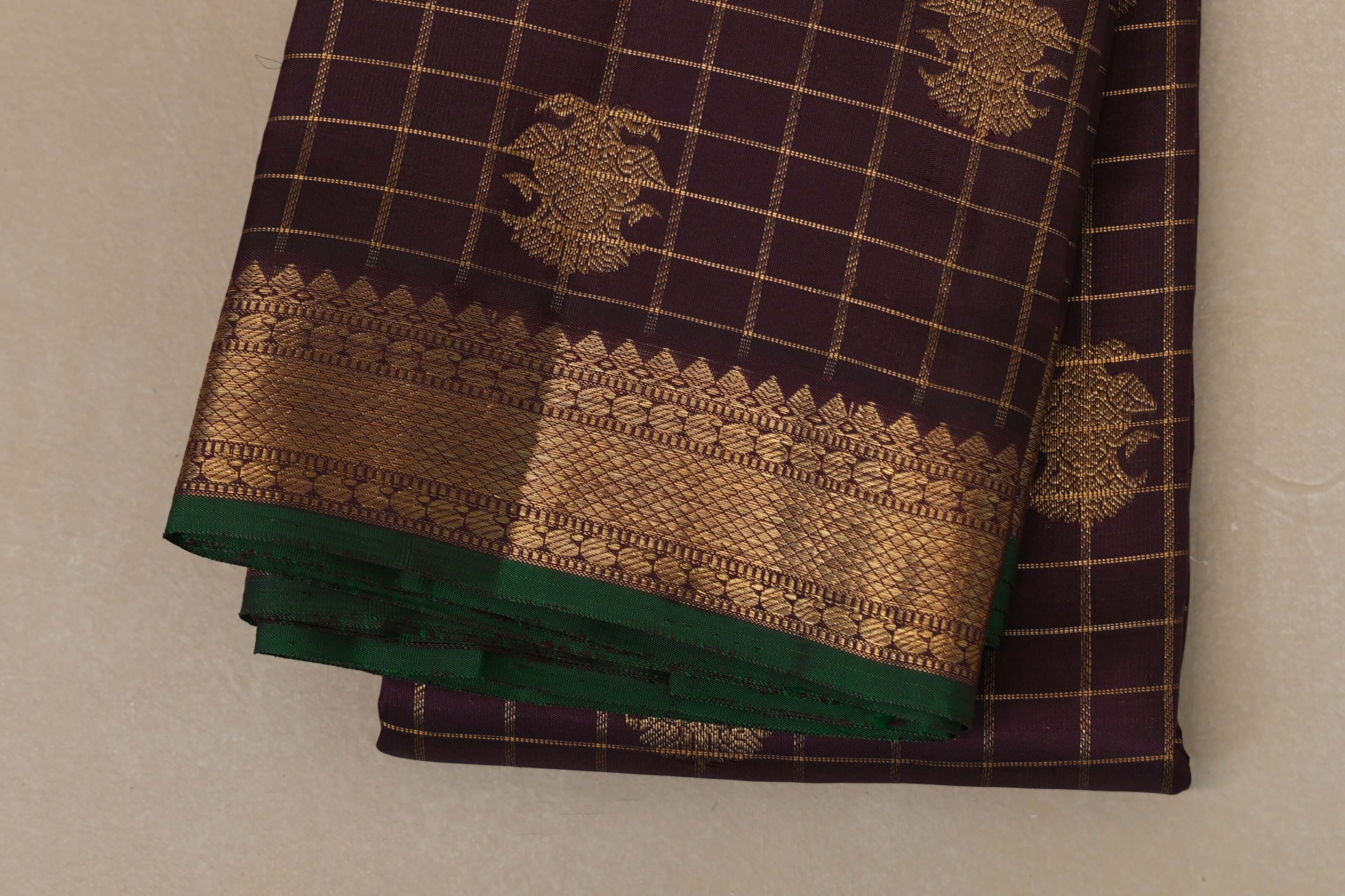 Deep Plum Brown with Green Selvedge Heirloom Kanjivaram Silk Saree  border zoom