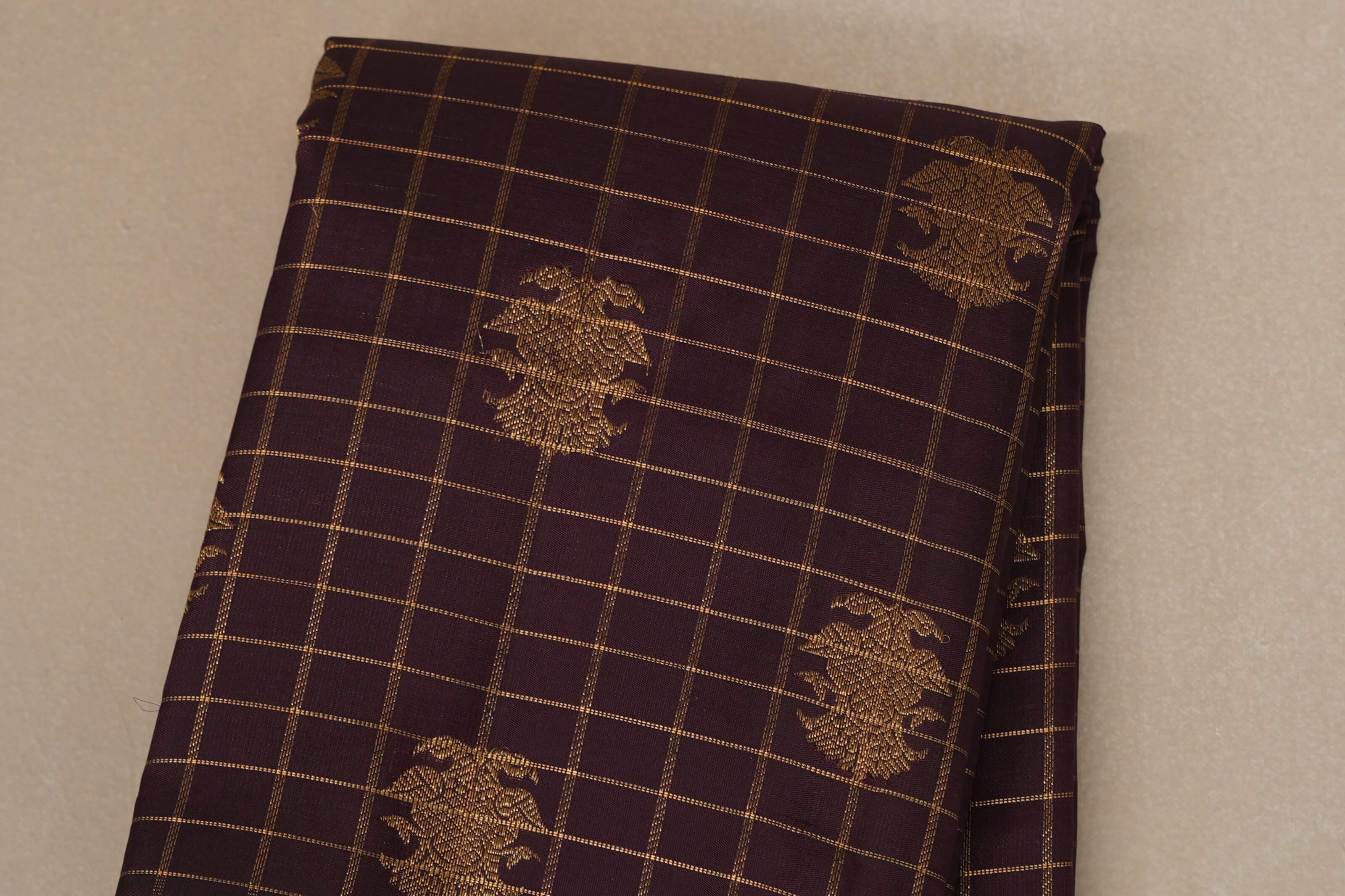 Deep Plum Brown with Green Selvedge Heirloom Kanjivaram Silk Saree  body zoom