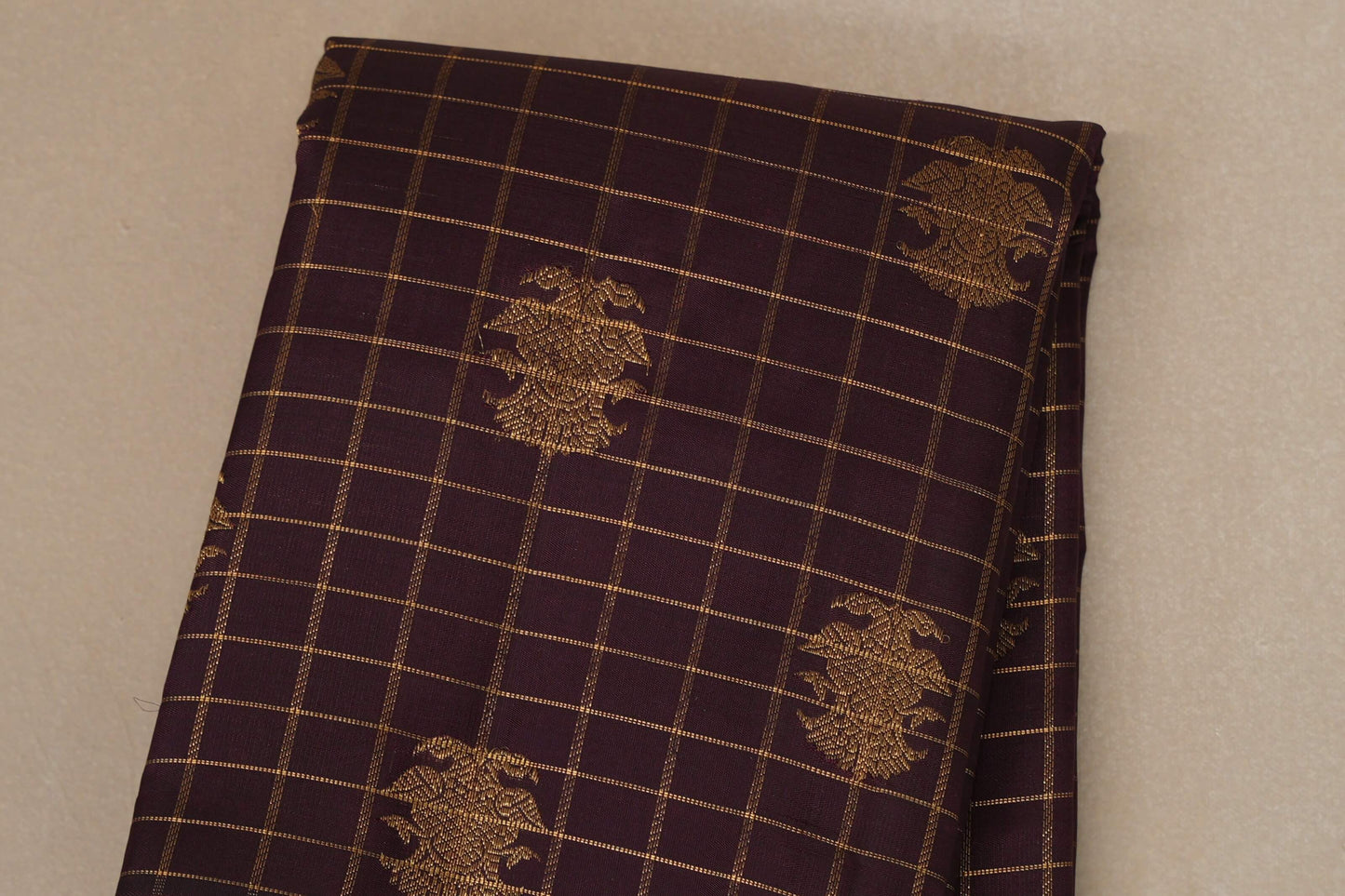 Deep Plum Brown with Green Selvedge Heirloom Kanjivaram Silk Saree  body zoom