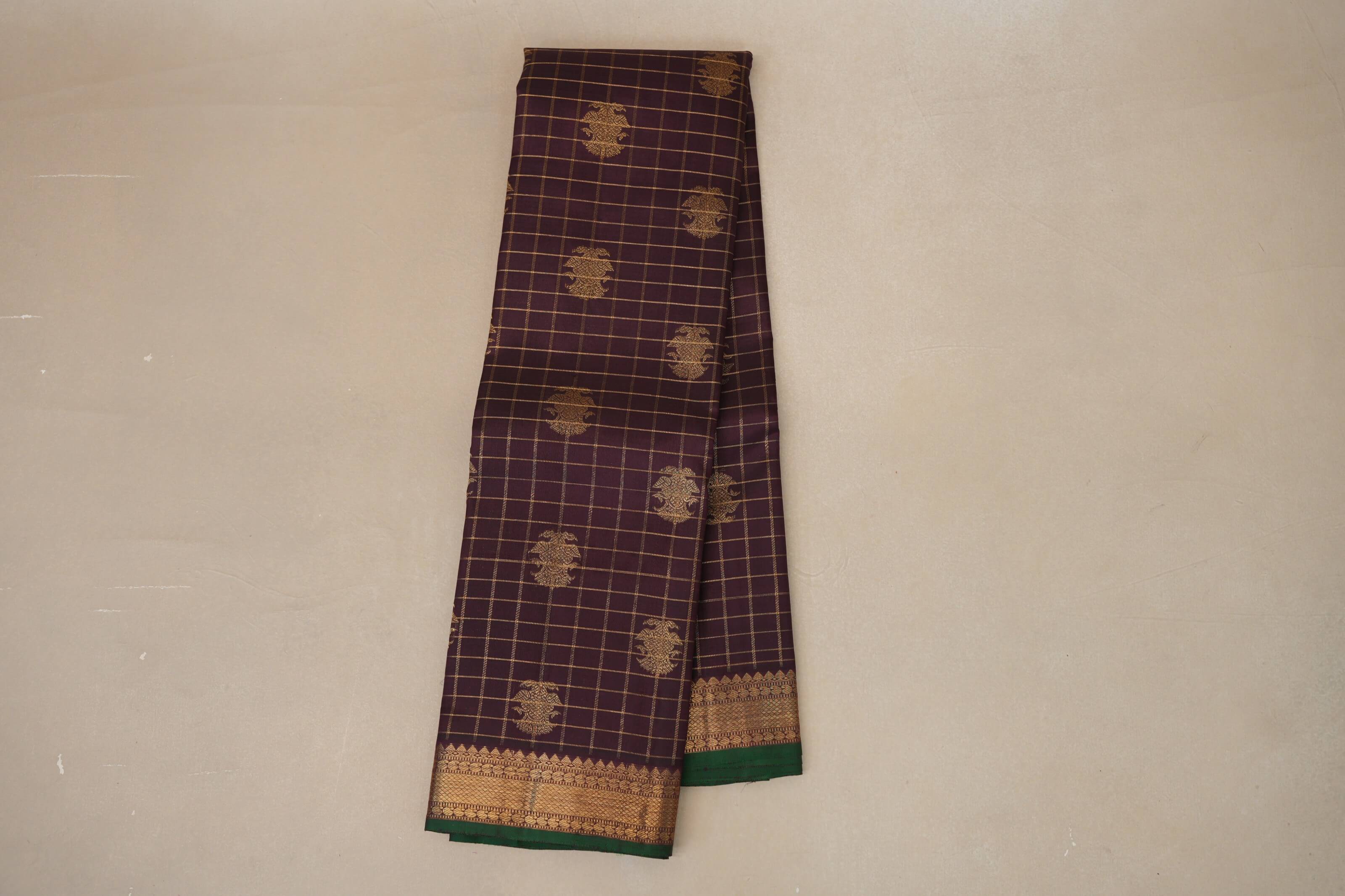 Deep Plum Brown with Green Selvedge Heirloom Kanjivaram Silk Saree  paloo