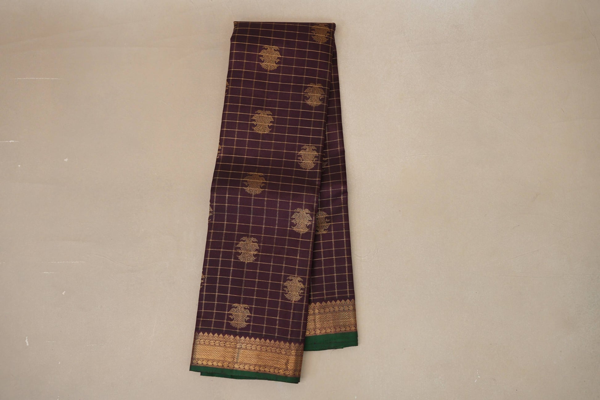 Deep Plum Brown with Green Selvedge Heirloom Kanjivaram Silk Saree  paloo