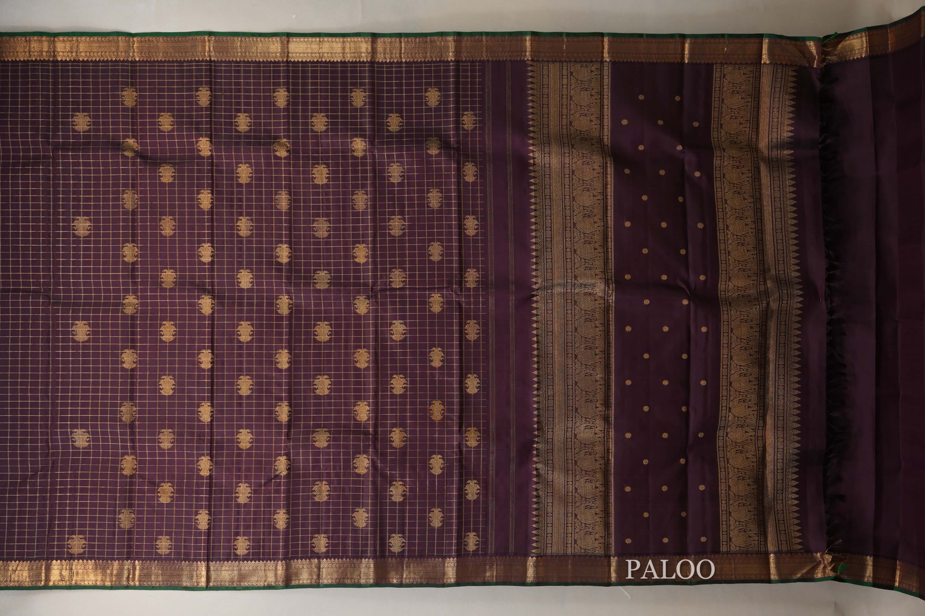 Deep Plum Brown with Green Selvedge Heirloom Kanjivaram Silk Saree  paloo