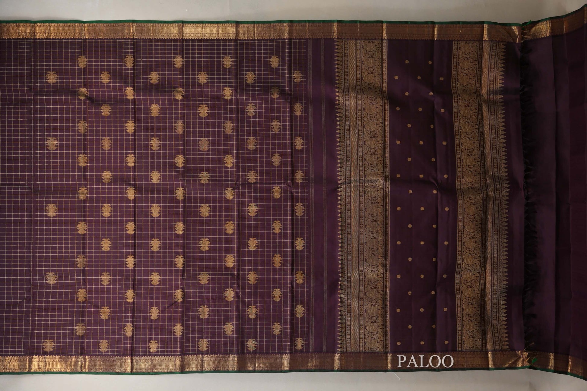 Deep Plum Brown with Green Selvedge Heirloom Kanjivaram Silk Saree  paloo