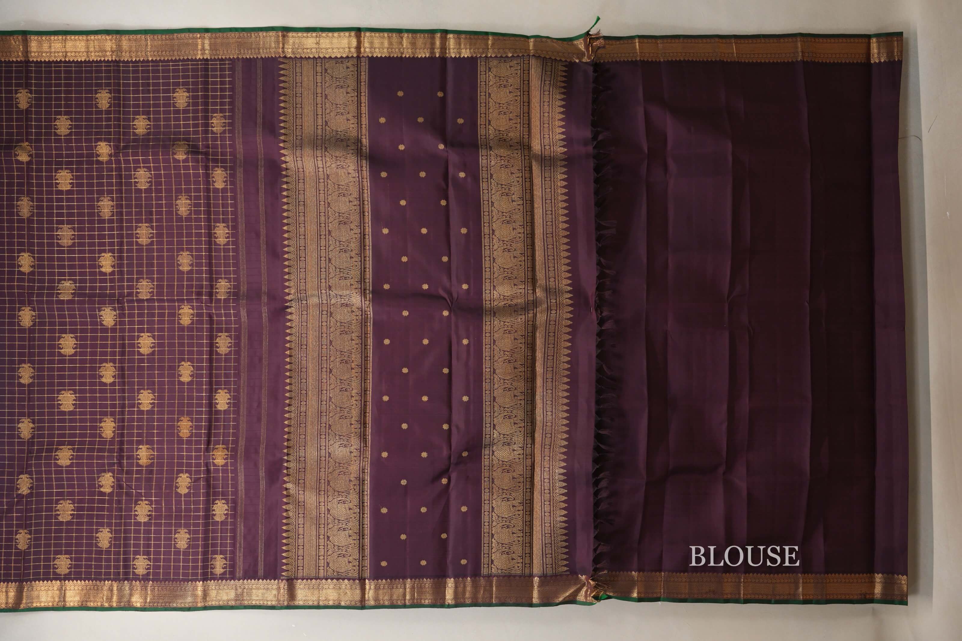 Deep Plum Brown with Green Selvedge Heirloom Kanjivaram Silk Saree  blouse