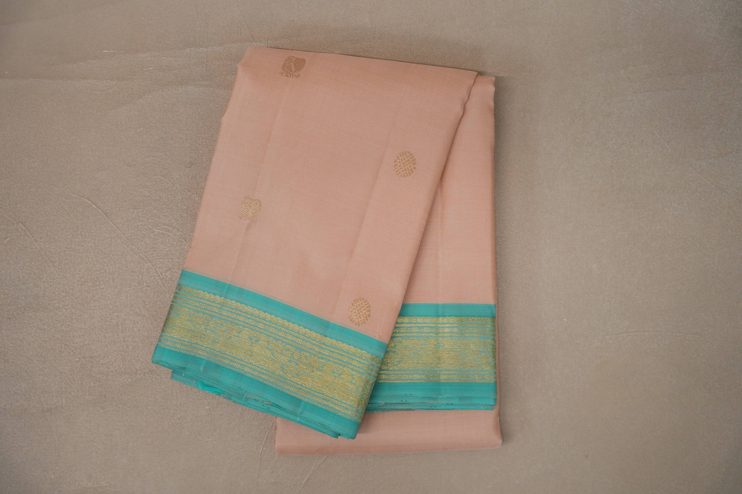 Light peach with Light Aqua Blue border Vintage Kanjivaram Silk Saree 