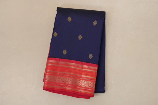 folded Deep Blue with Reddish Pink and Orange Borders Heirloom Kanjivaram Silk Saree 