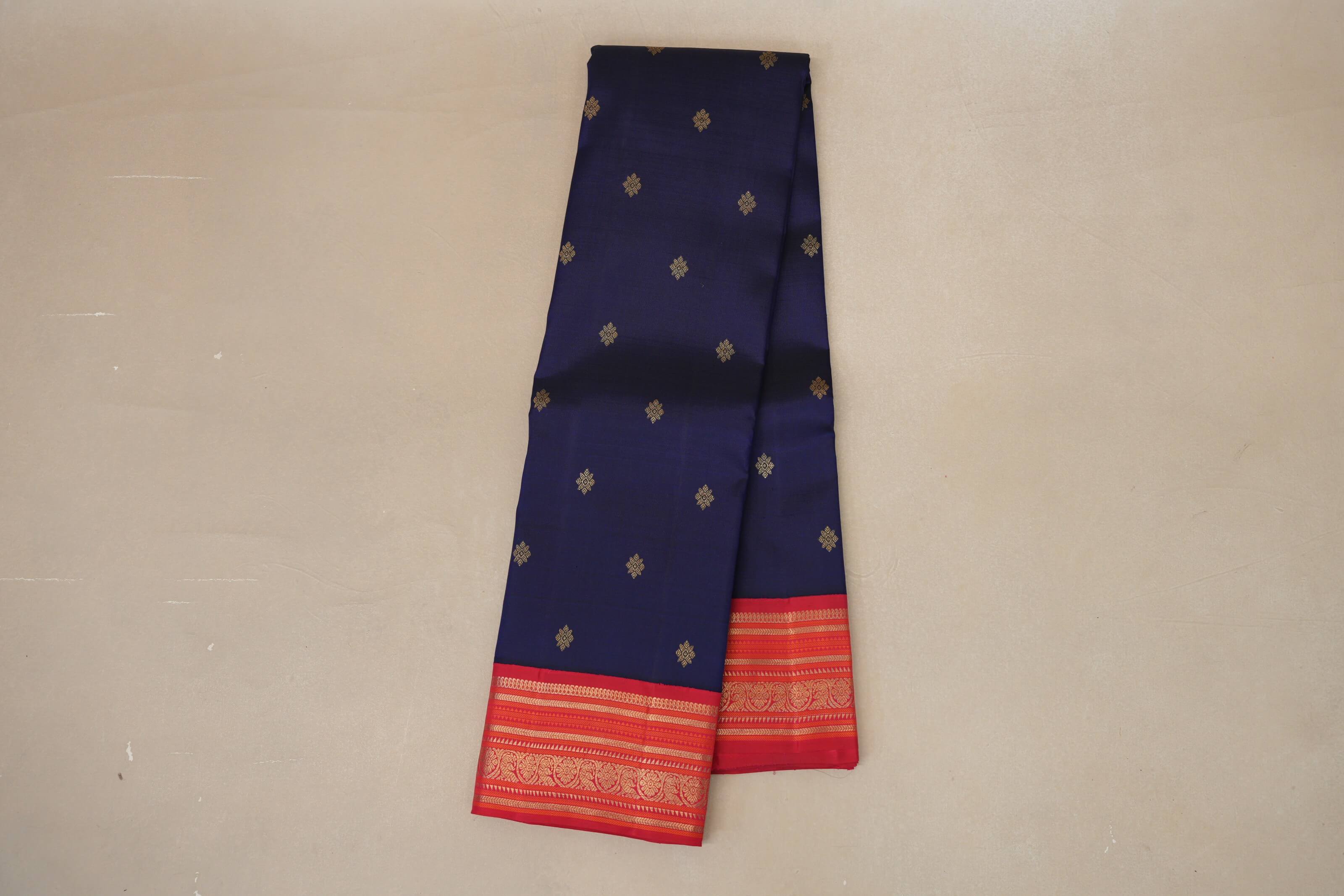 Deep Blue with Reddish Pink and Orange Borders Heirloom Kanjivaram Silk Saree  online