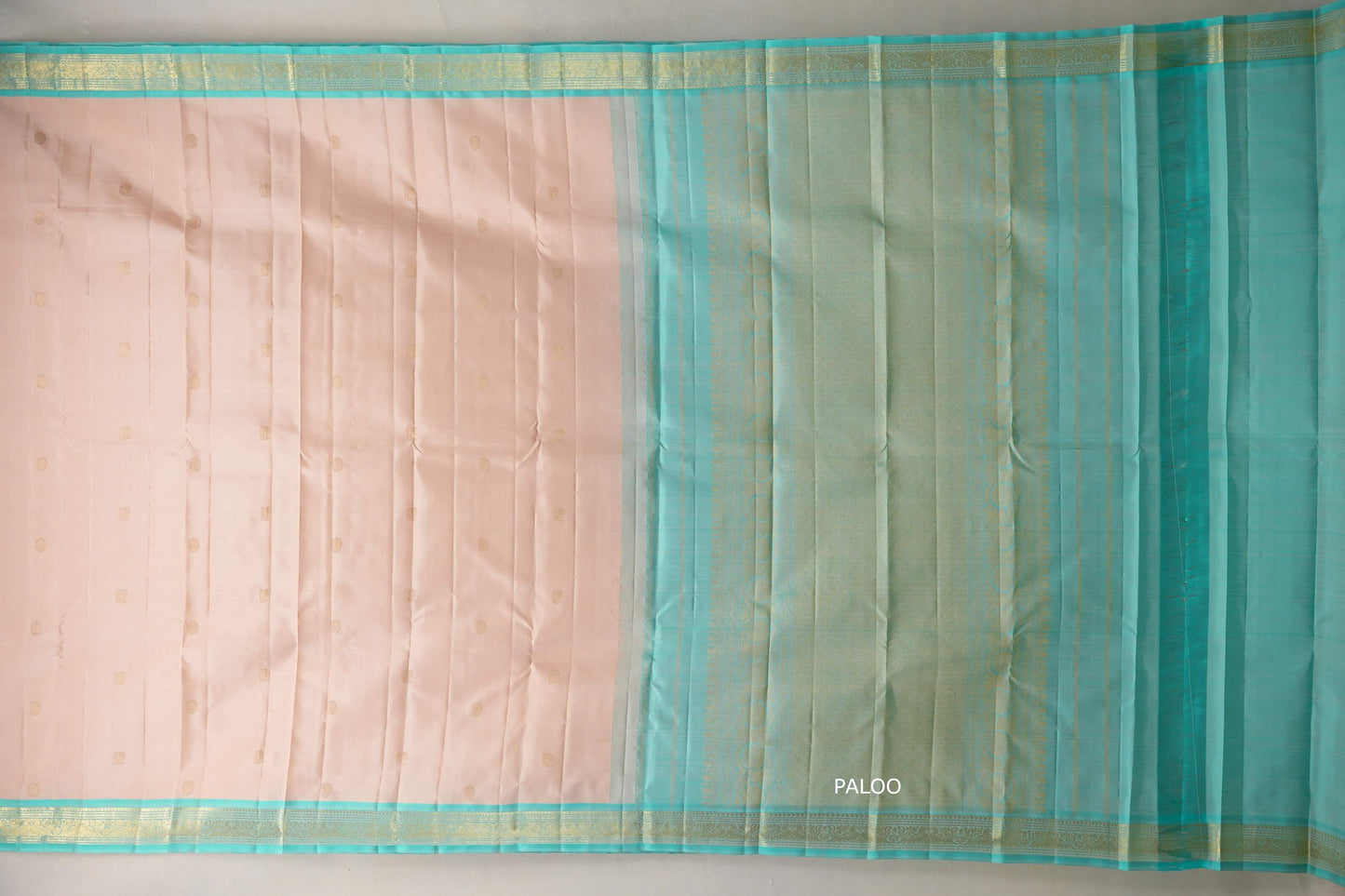 Light peach with Light Aqua Blue border Vintage Kanjivaram Silk Saree  paloo