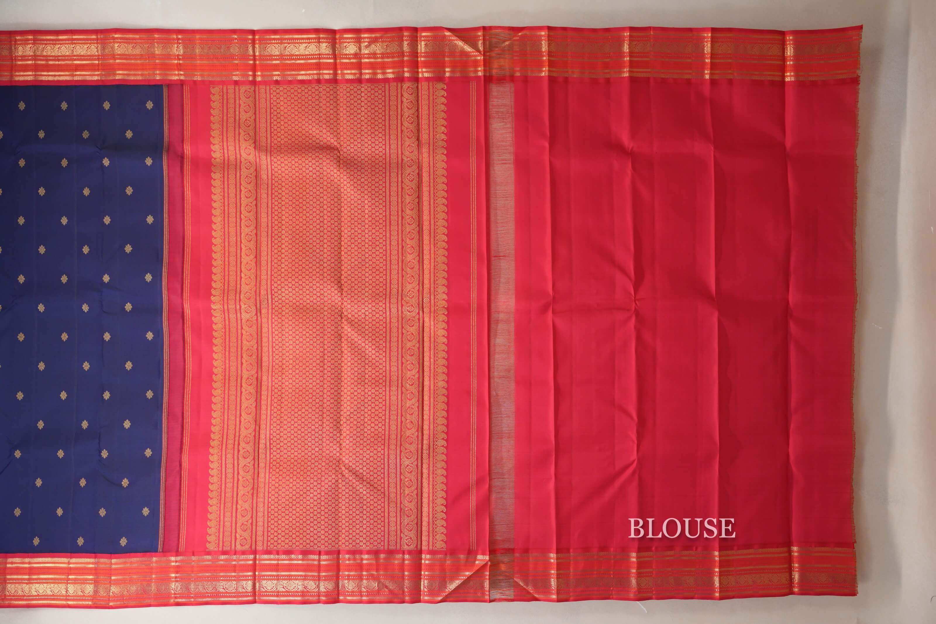  Deep Blue with Reddish Pink and Orange Borders Heirloom Kanjivaram Silk Saree  blouse