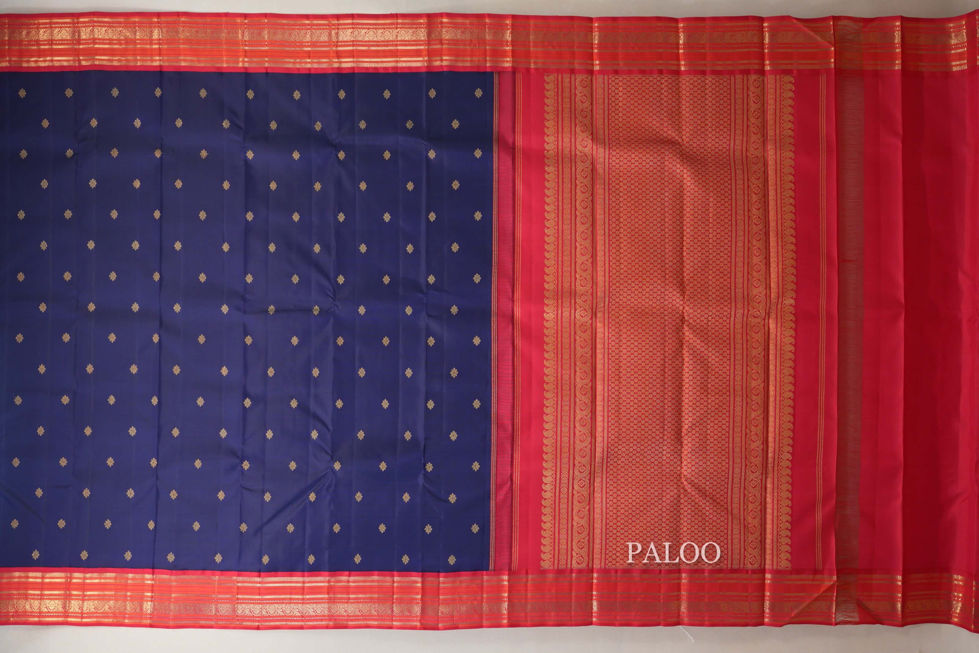 Deep Blue with Reddish Pink and Orange Borders Heirloom Kanjivaram Silk Saree  paloo