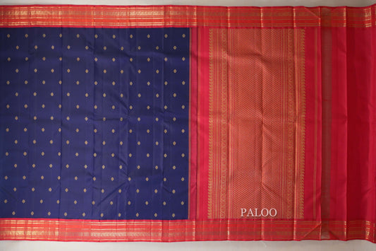 Deep Blue with Reddish Pink and Orange Borders Heirloom Kanjivaram Silk Saree  paloo