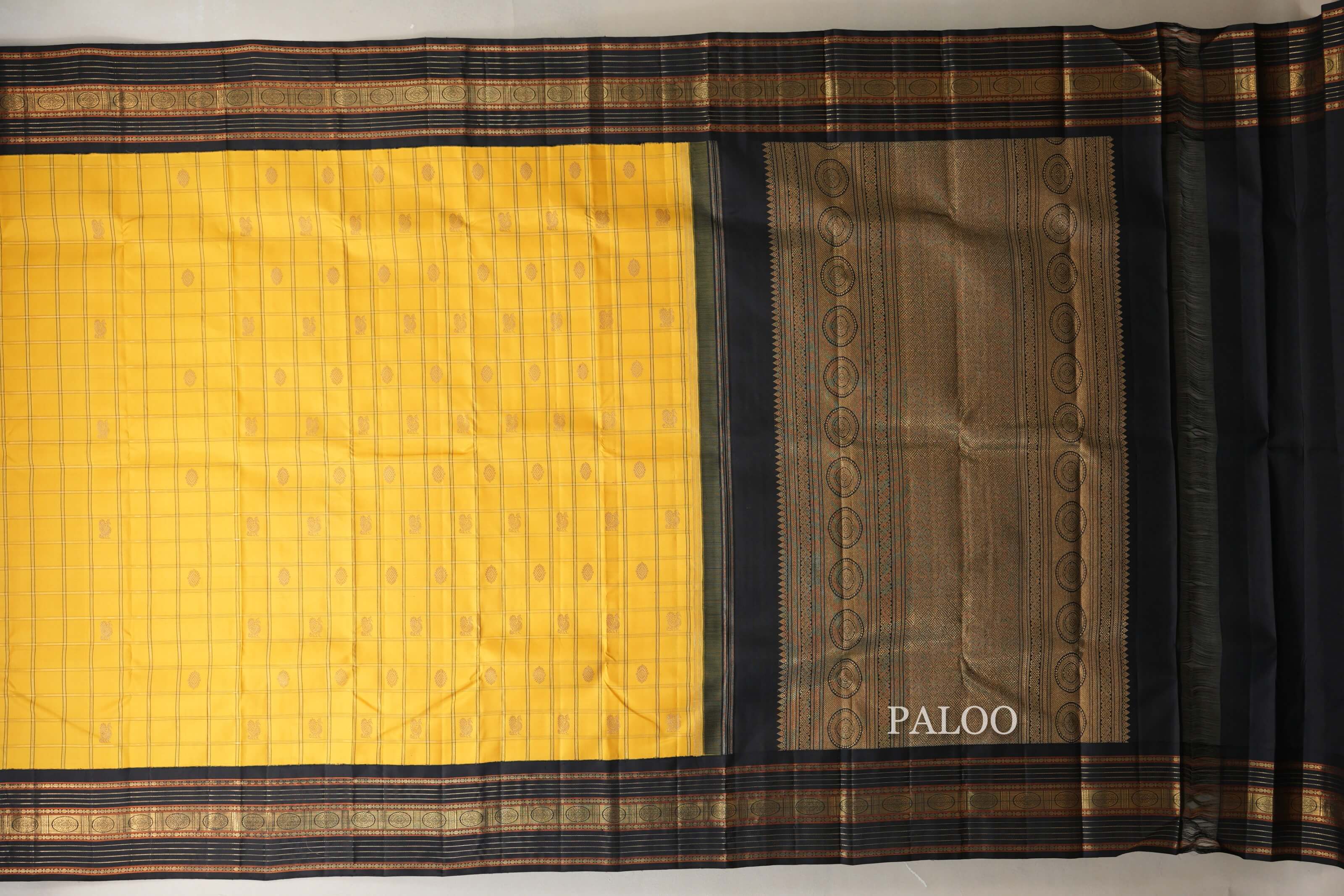 Mango Yellow with Black Borders Heirloom Kanjivaram Silk Saree  paloo