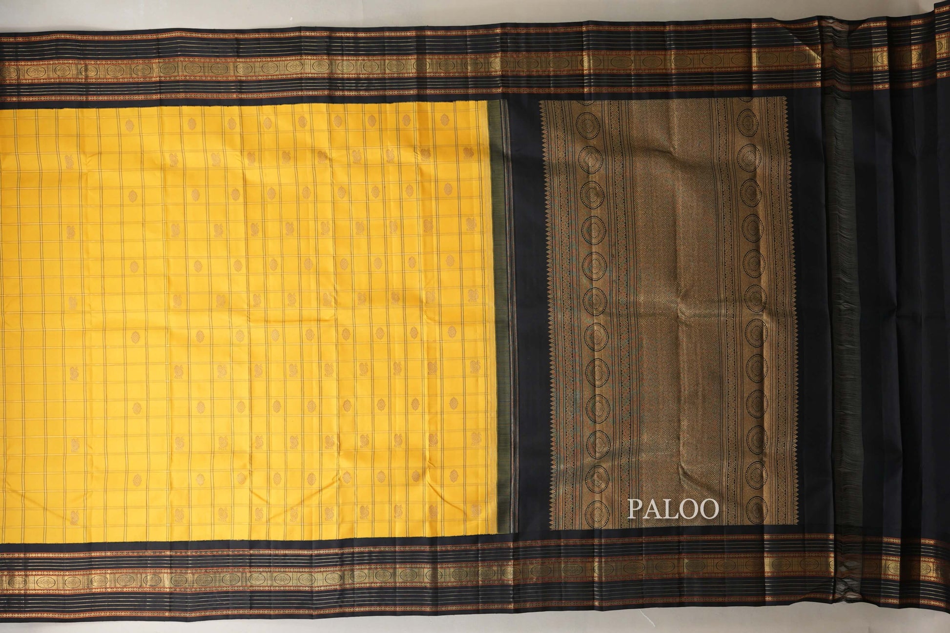 Mango Yellow with Black Borders Heirloom Kanjivaram Silk Saree  paloo