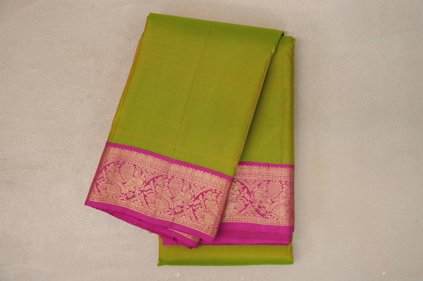 Dual Tone of Yellow & Green with Rani Pink Borders Vintage Kanjivaram Silk Saree
