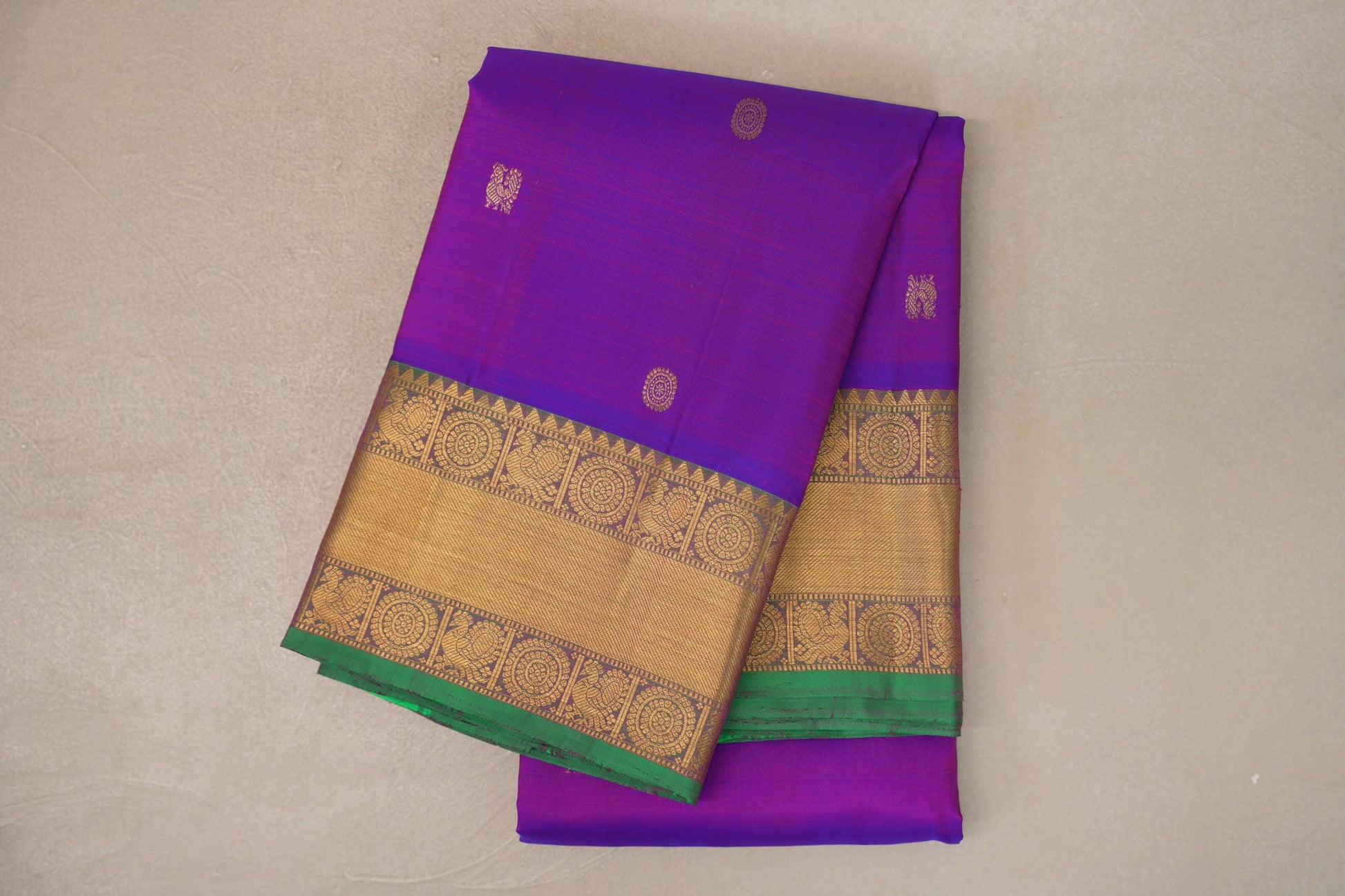 Dual Tone of Blue & Pink with Dual Tone of Green & Pink with Leaf Green Selvedge Borders Vintage Kanjivaram Silk Saree