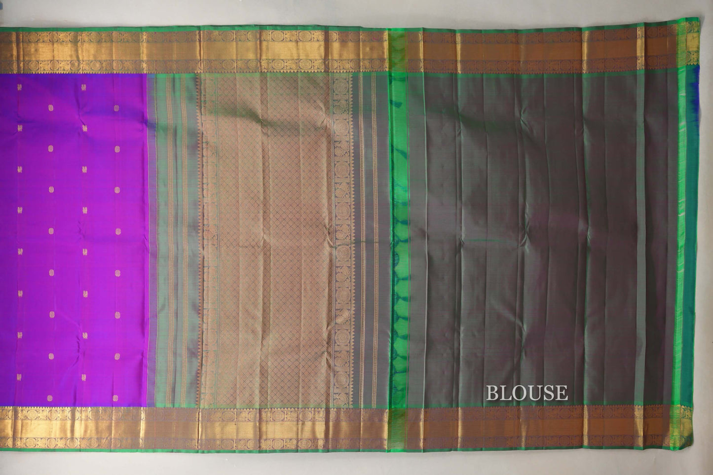 Dual Tone of Blue & Pink with Dual Tone of Green & Pink with Leaf Green Selvedge Borders Vintage Kanjivaram Silk Saree blouse