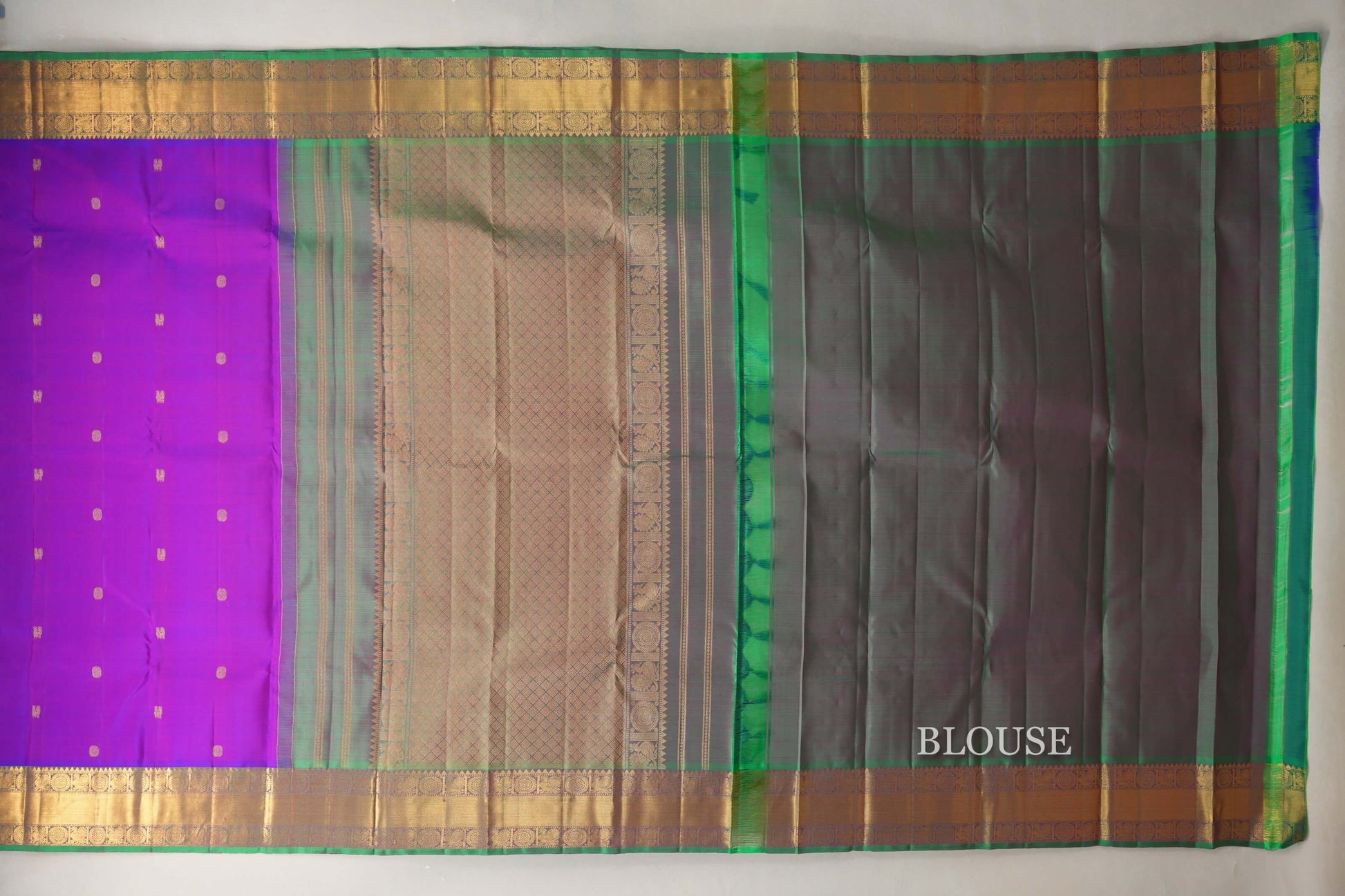 Dual Tone of Blue & Pink with Dual Tone of Green & Pink with Leaf Green Selvedge Borders Vintage Kanjivaram Silk Saree blouse