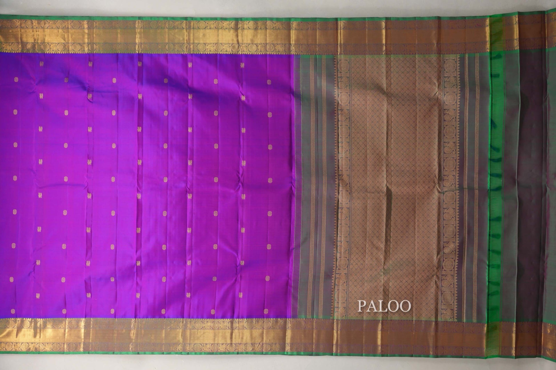 Dual Tone of Blue & Pink with Dual Tone of Green & Pink with Leaf Green Selvedge Borders Vintage Kanjivaram Silk Saree paloo