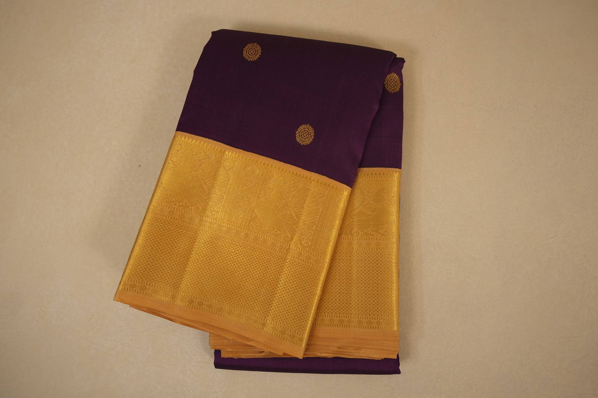 Dark Purple with Beige Borders Kanjivaram Silk Saree