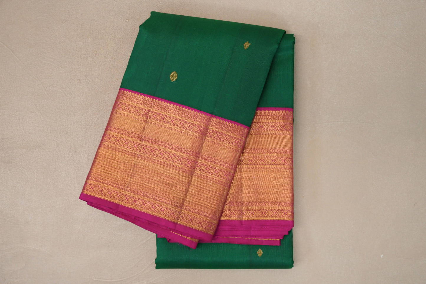 Emerald Green with Rani Pink Borders Vintage Kanjivaram Silk Saree