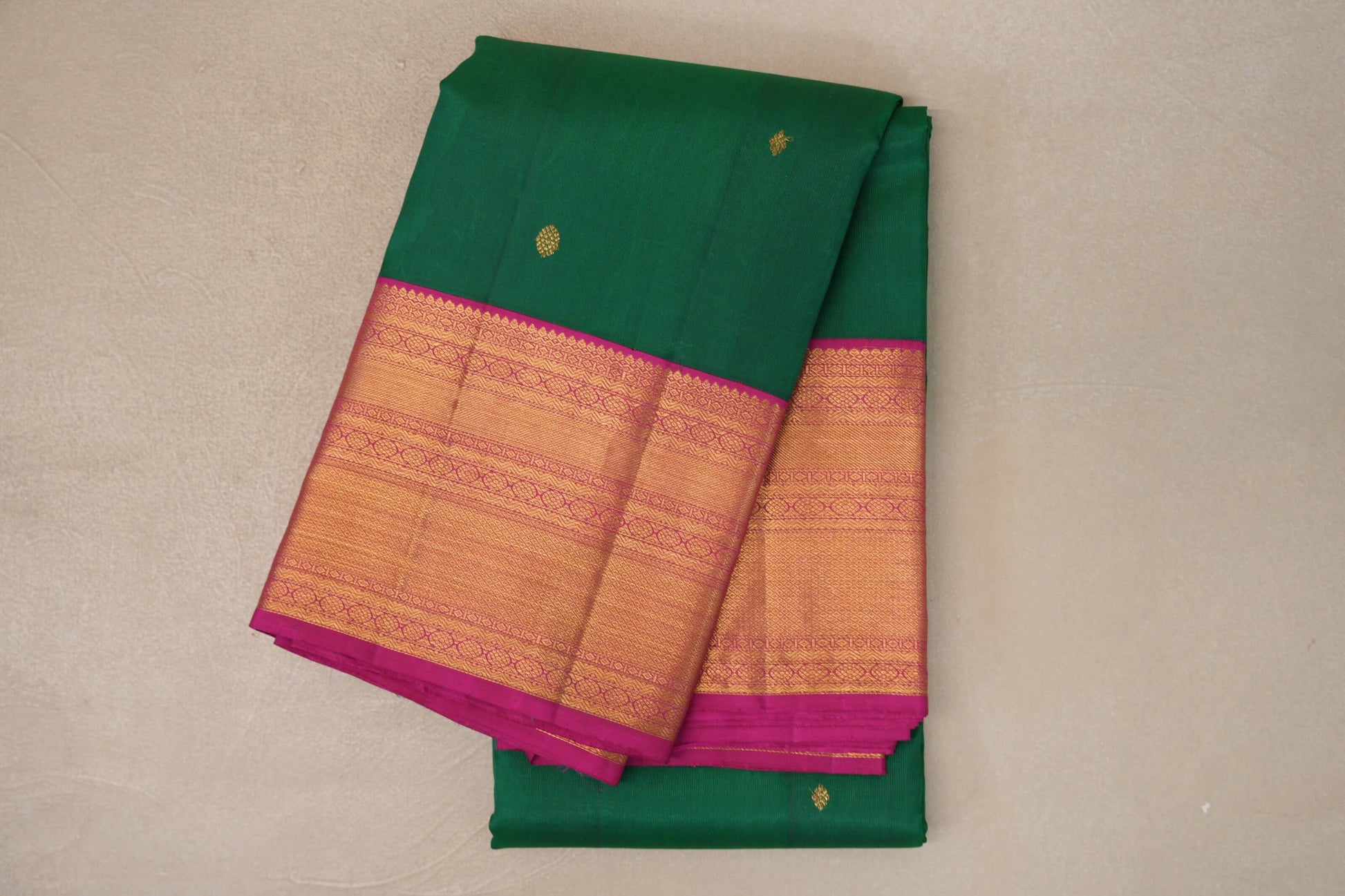 Emerald Green with Rani Pink Borders Vintage Kanjivaram Silk Saree