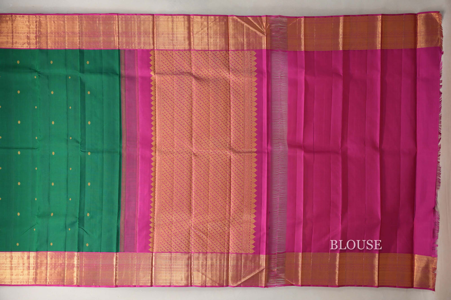 Emerald Green with Rani Pink Borders Vintage Kanjivaram Silk Saree blouse