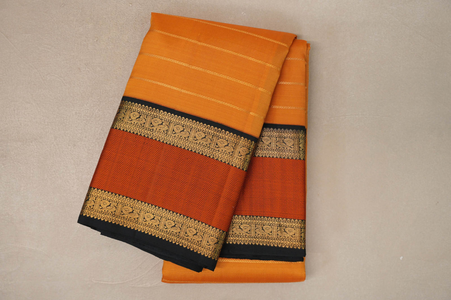Mango Orange with Black Rettai Pettu Borders Vintage Kanjivaram Silk Saree