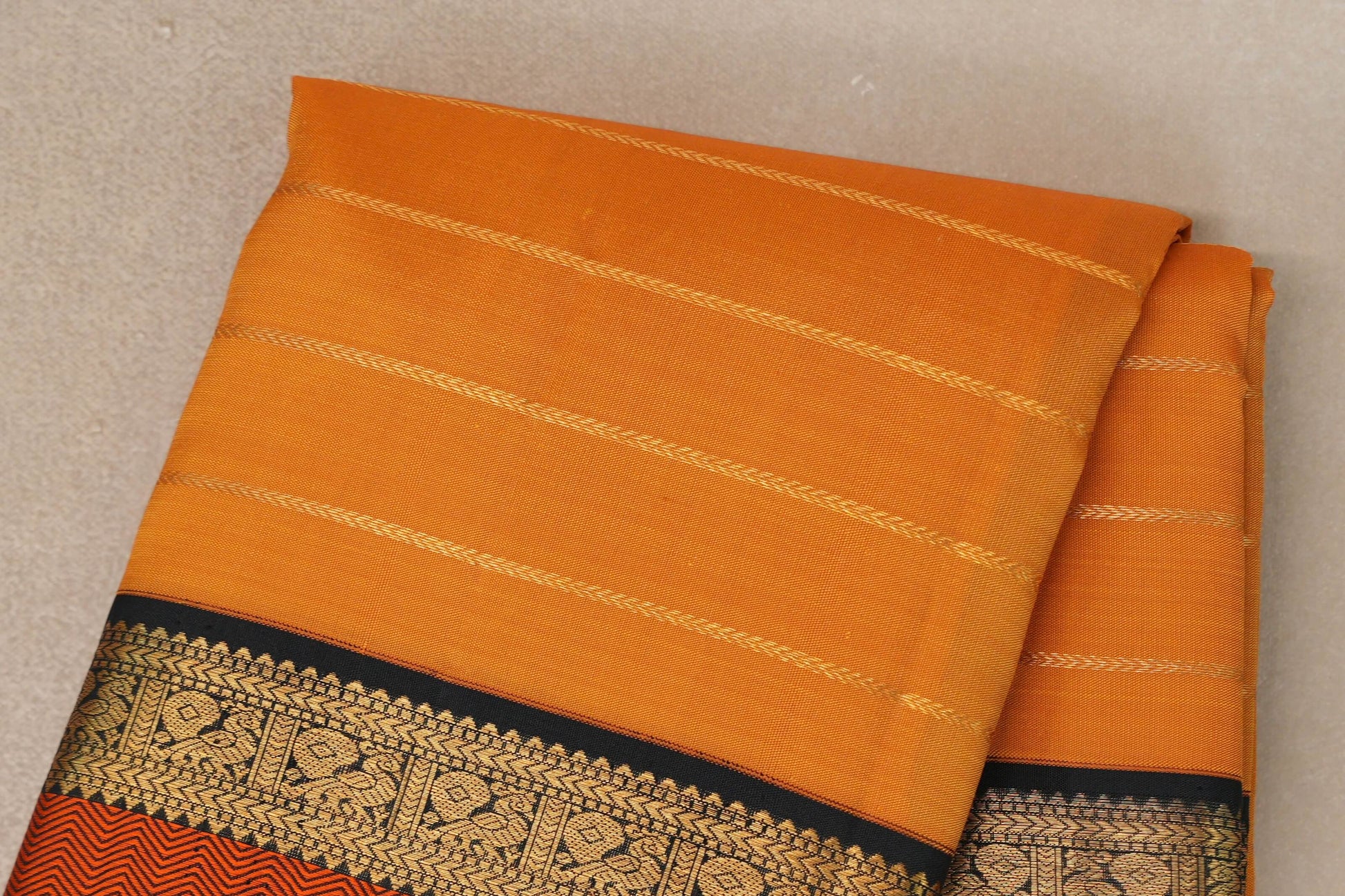 Mango Orange with Black Rettai Pettu Borders Vintage Kanjivaram Silk Saree body