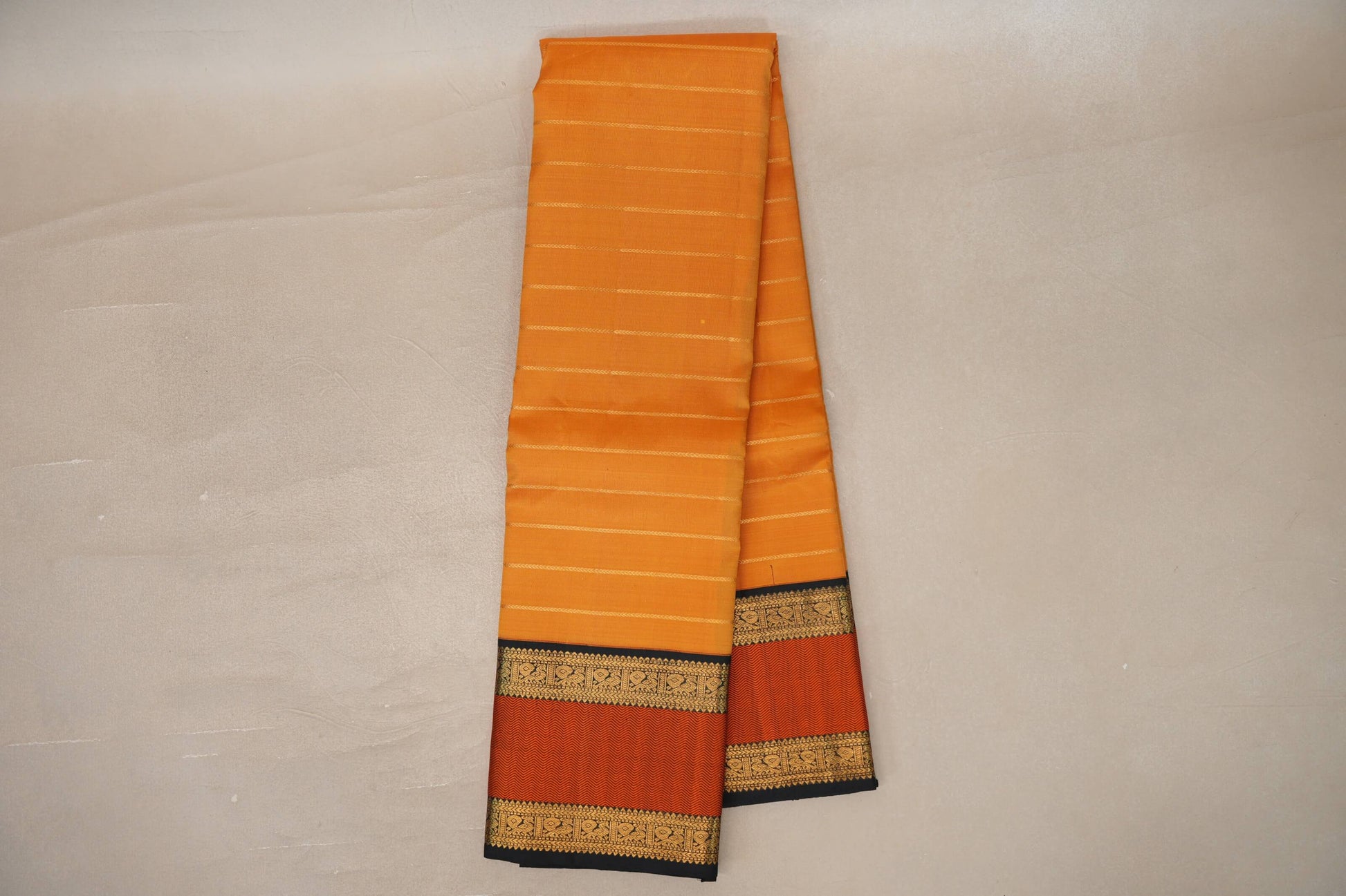 Online Mango Orange with Black Rettai Pettu Borders Vintage Kanjivaram Silk Saree