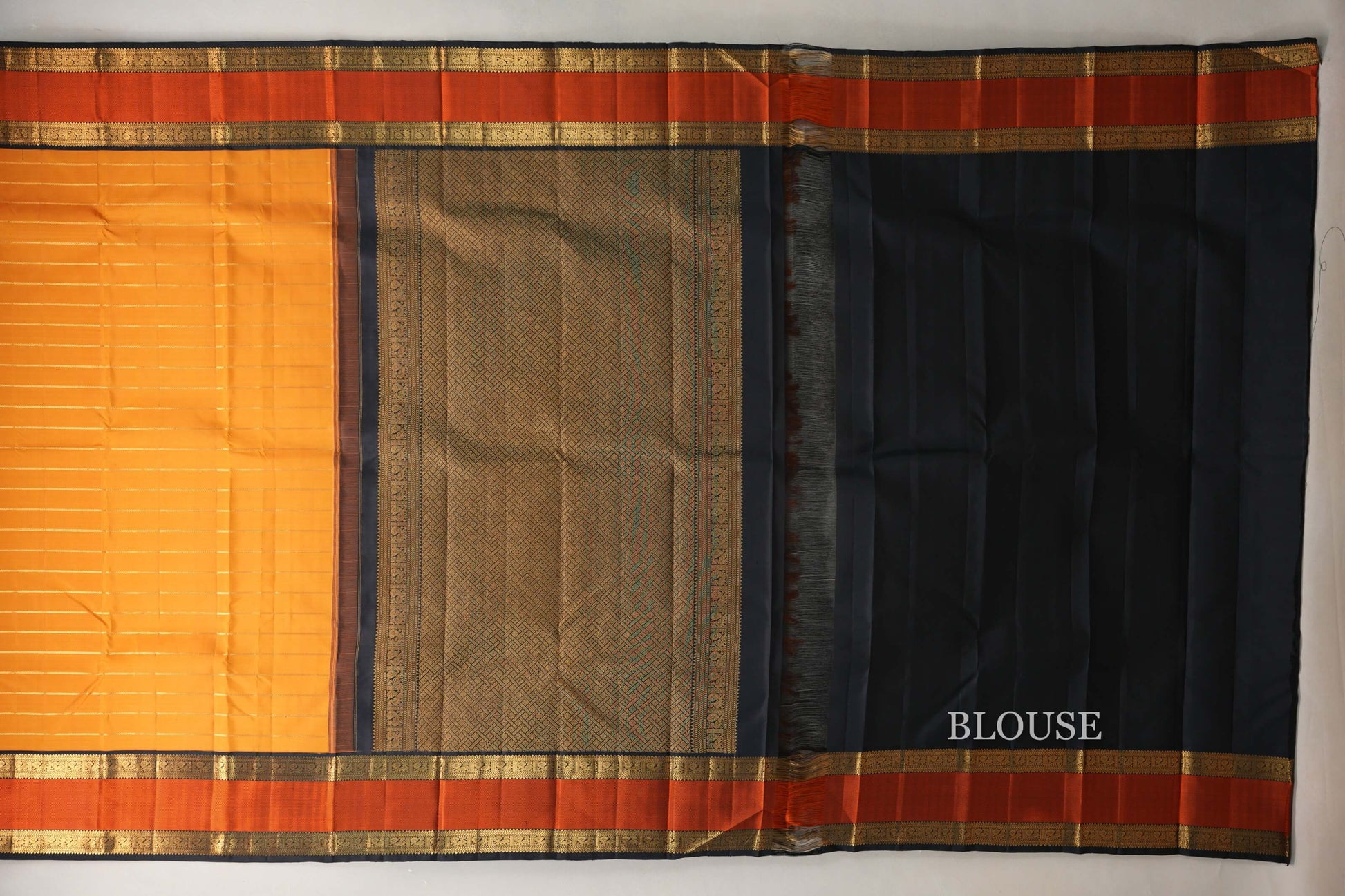 Mango Orange with Black Rettai Pettu Borders Vintage Kanjivaram Silk Saree blouse