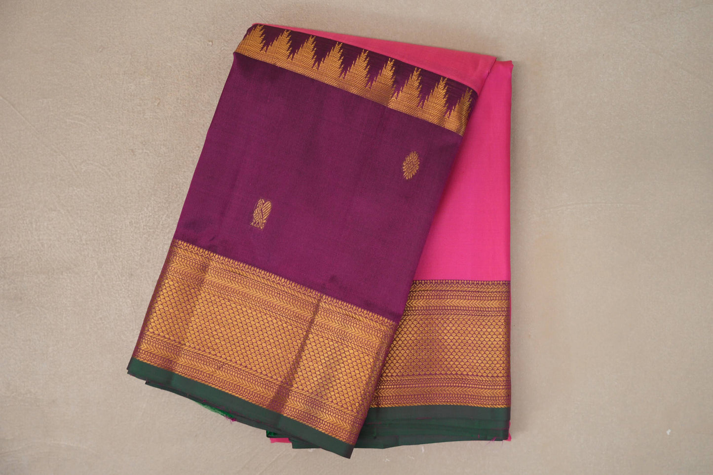 Bright Pink with Deep Magenta Rettai Pettu Borders Vintage Kanjivaram Silk Saree