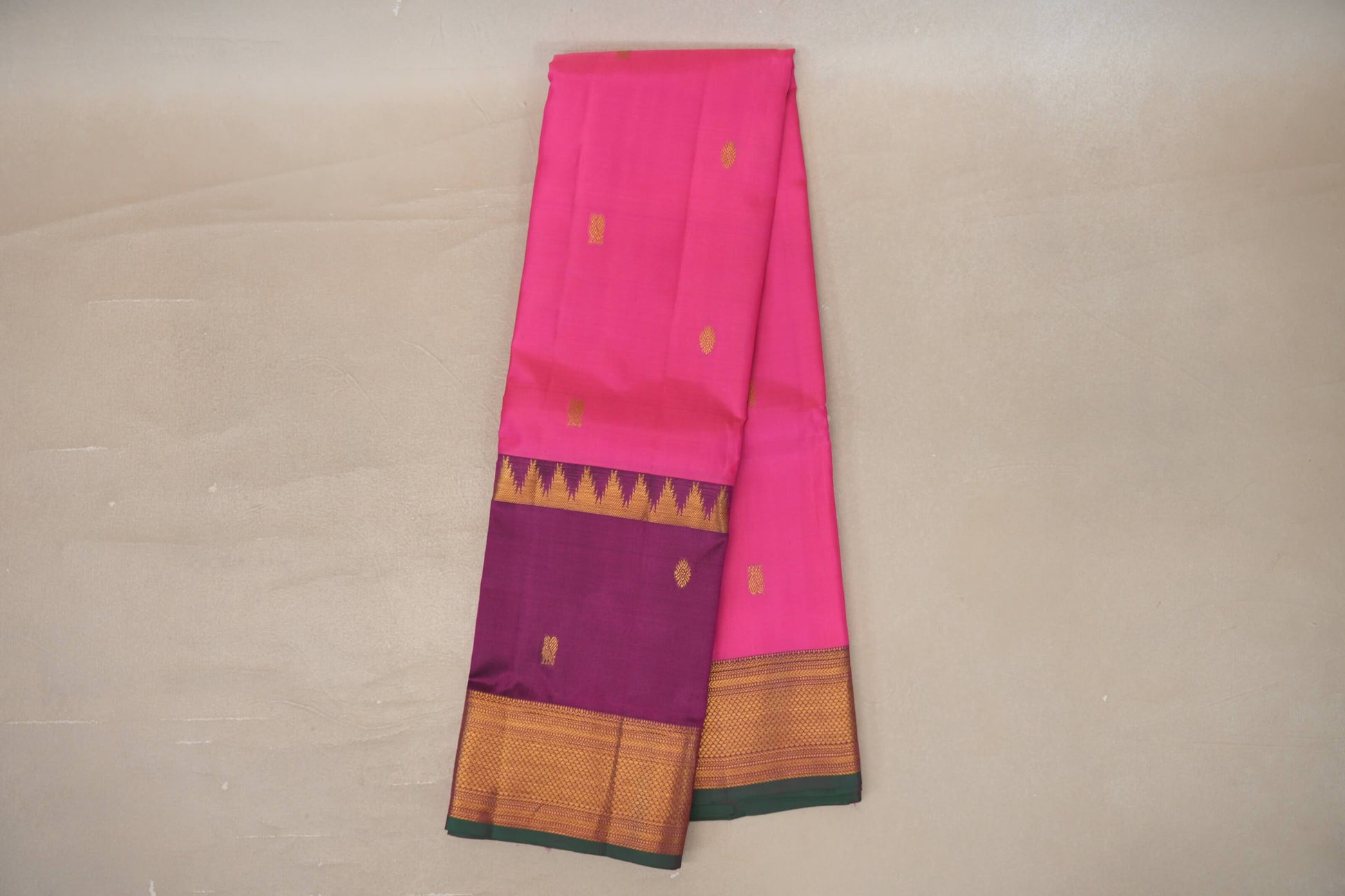 Online Bright Pink with Deep Magenta Rettai Pettu Borders Vintage Kanjivaram Silk Saree