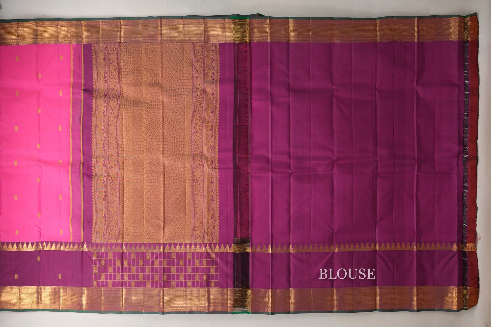 Bright Pink with Deep Magenta Rettai Pettu Borders Vintage Kanjivaram Silk Saree blouse