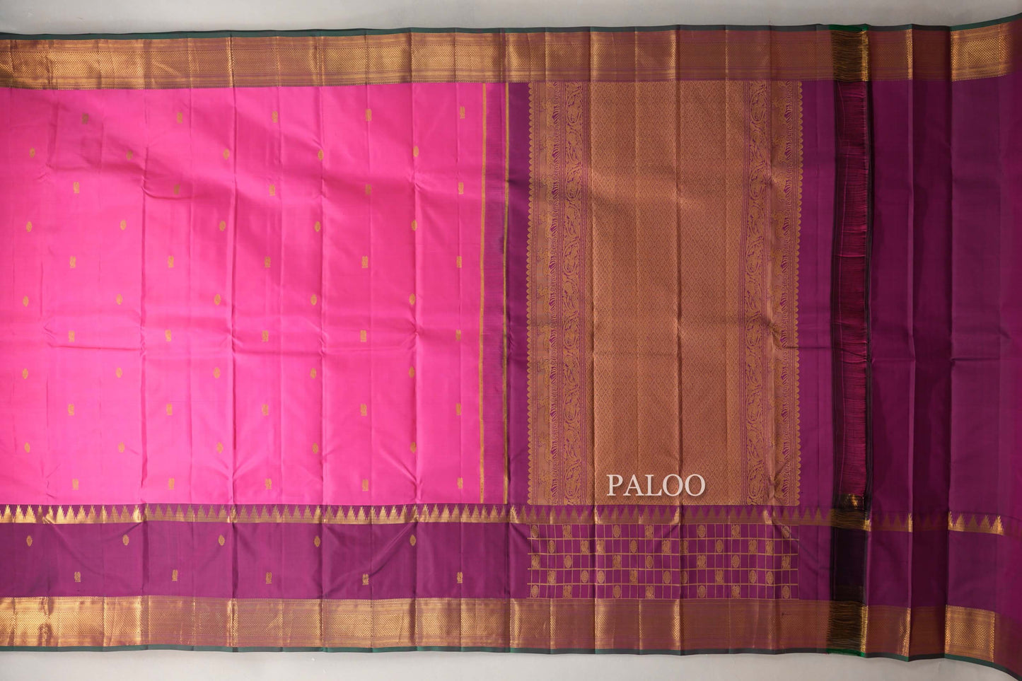 Bright Pink with Deep Magenta Rettai Pettu Borders Vintage Kanjivaram Silk Saree paloo