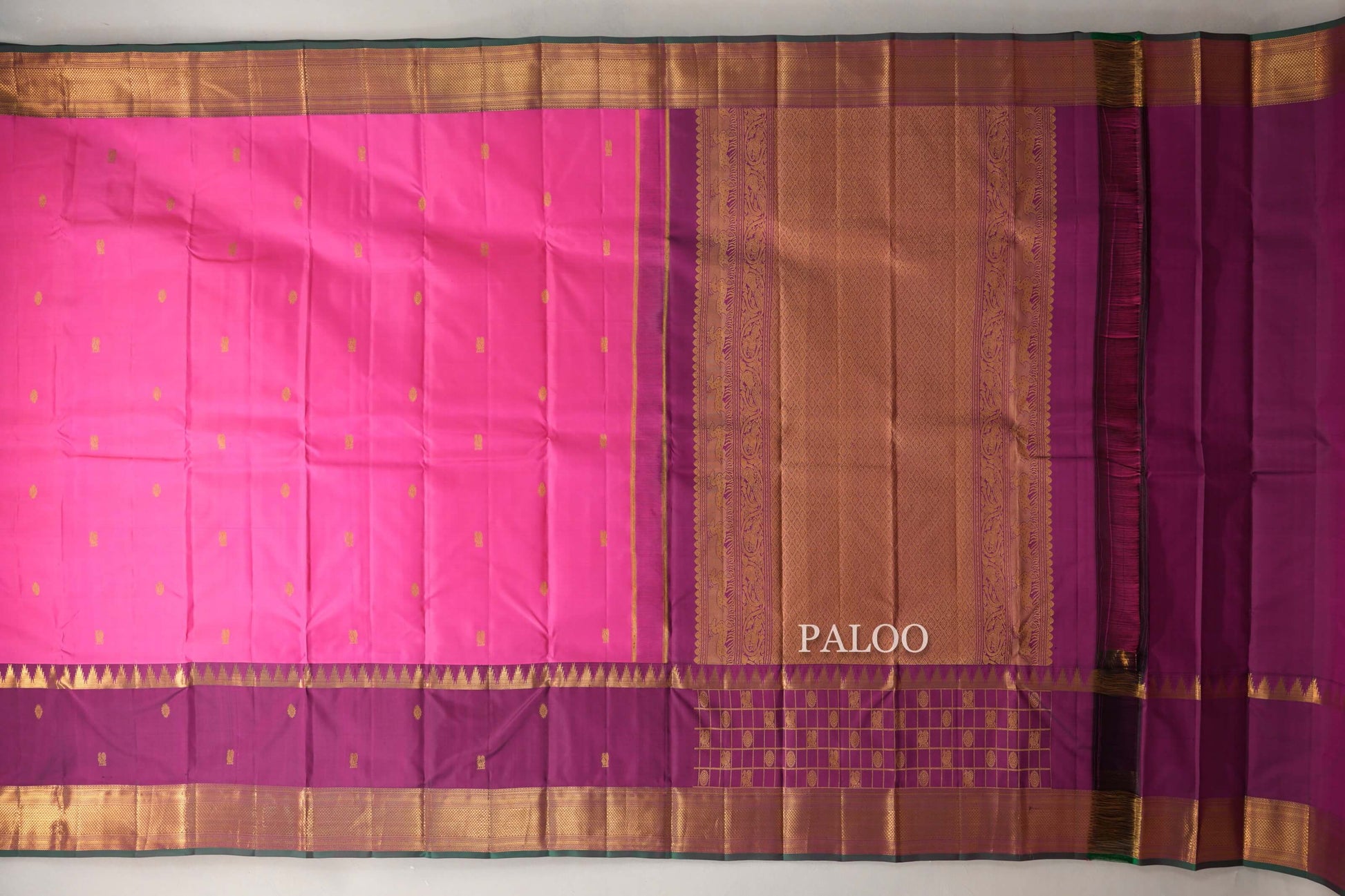 Bright Pink with Deep Magenta Rettai Pettu Borders Vintage Kanjivaram Silk Saree paloo
