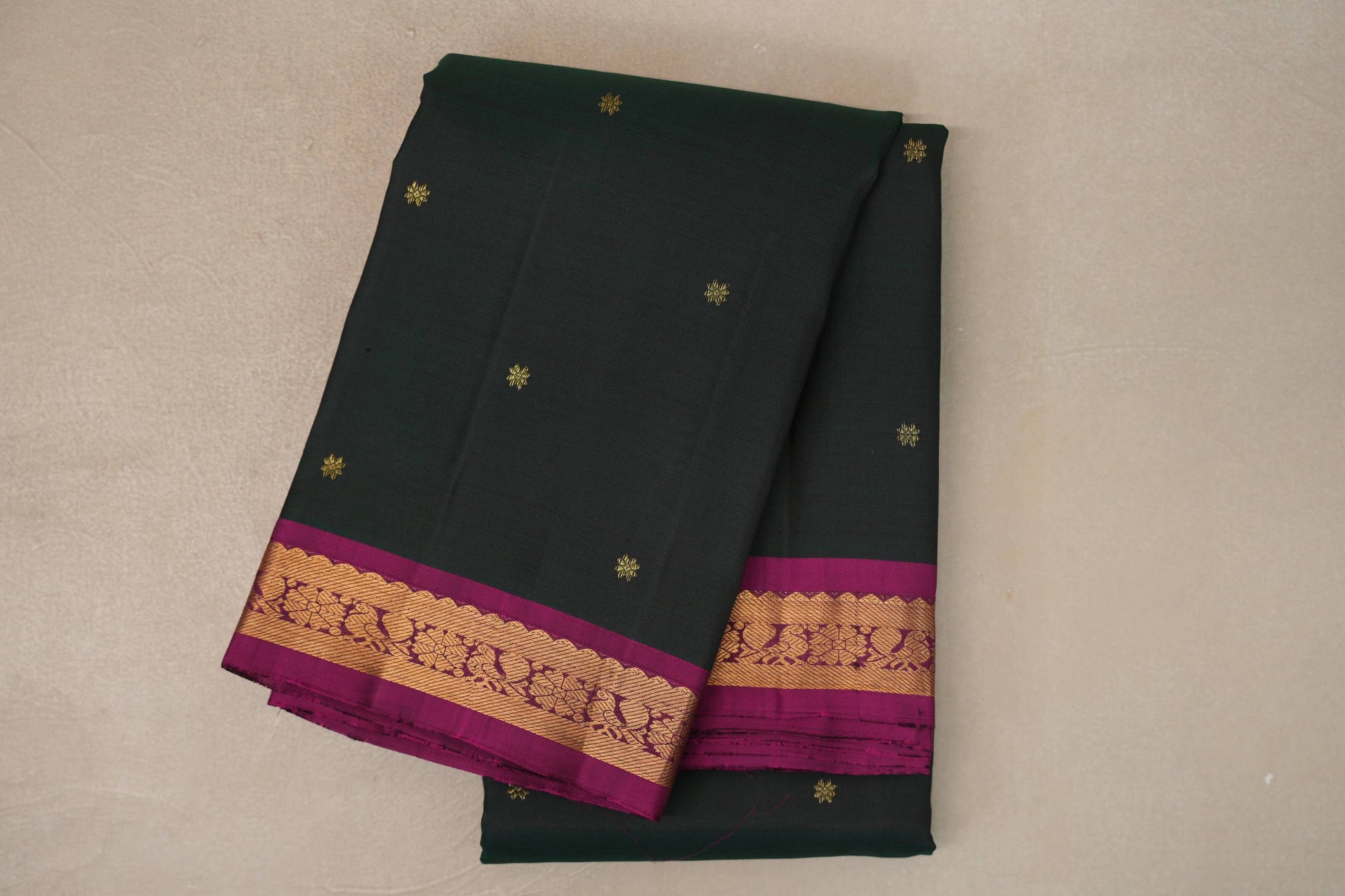 Dual Tone of Deep Bottle Green & Brown with Deep Magenta Borders Vintage Kanjivaram Silk Saree