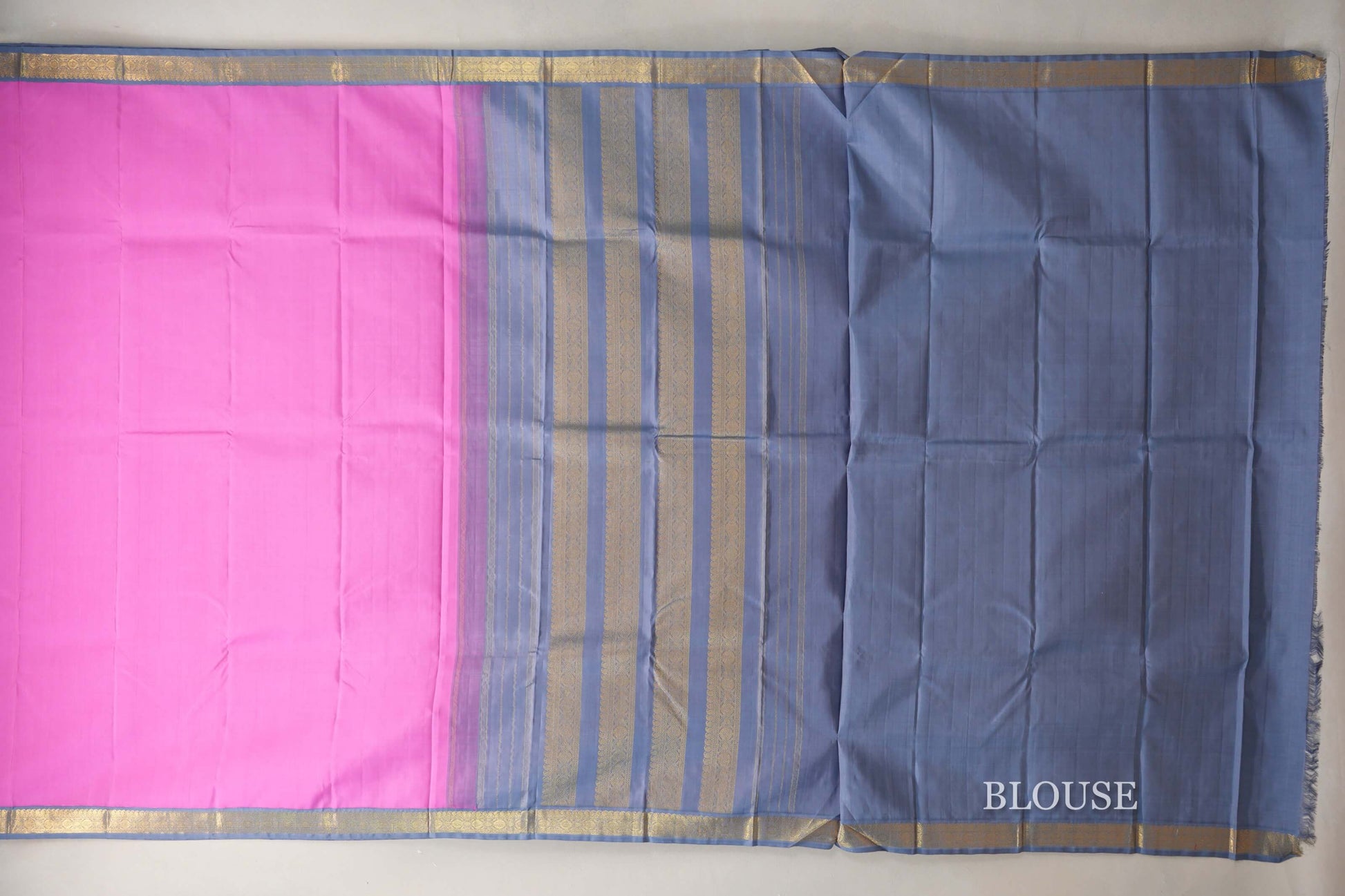 Rose Pink with Grey Blue Borders Vintage Kanjivaram Silk Saree blouse